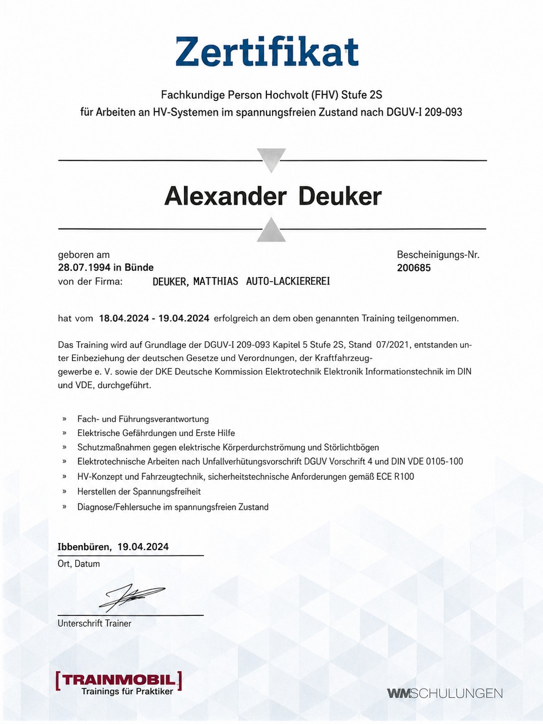Zertifikat Alexander Deuker FHV 2024