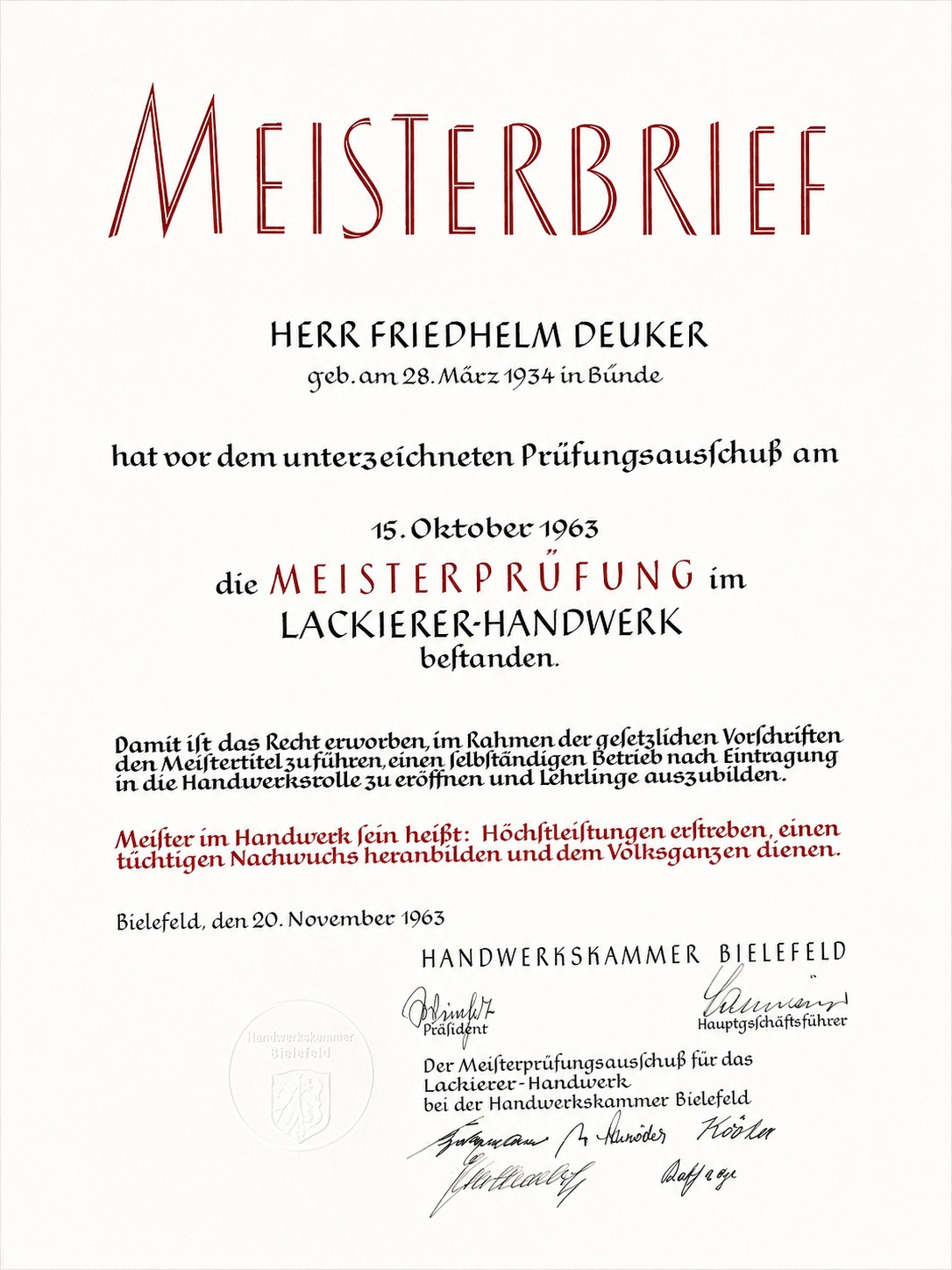 Meisterbrief Friedhelm Deuker 1963