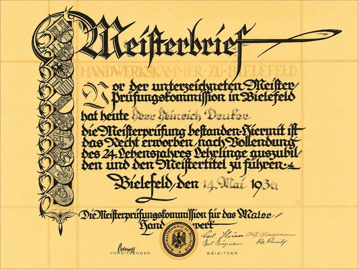 Meisterbrief Heinrich Deuker 1936