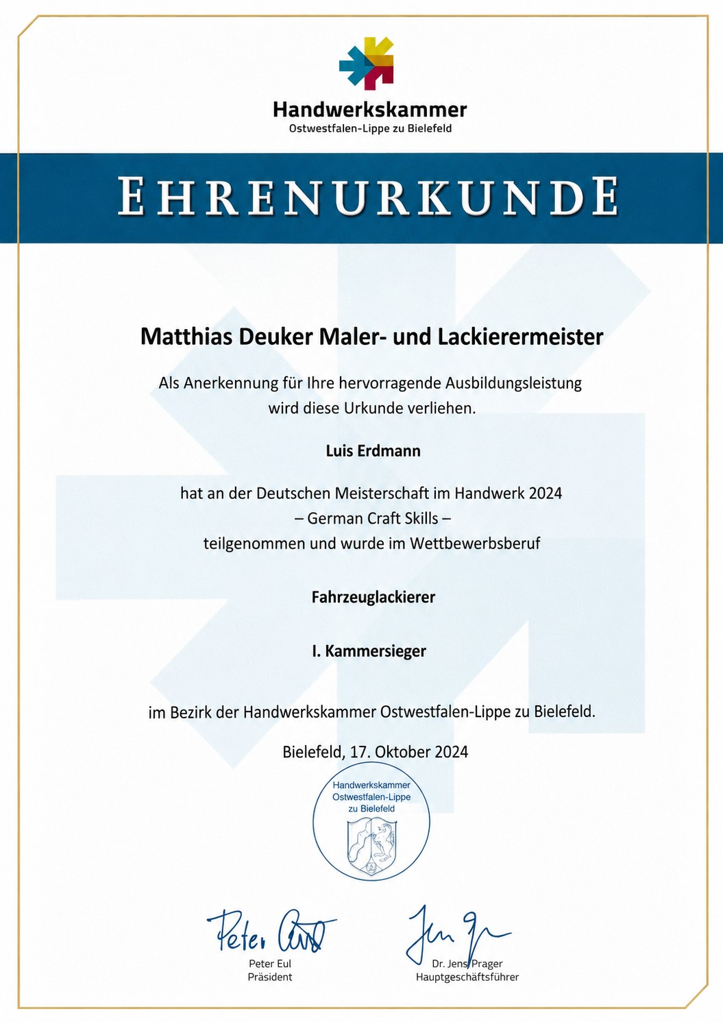 Ehrenurkunde der Handwerkskammer Ostwestfalen-Lippe zu Bielefeld – Luis Erdmann, I. Kammersieger im Wettbewerbsberuf Fahrzeuglackierer, Deutsche Meisterschaft im Handwerk 2024